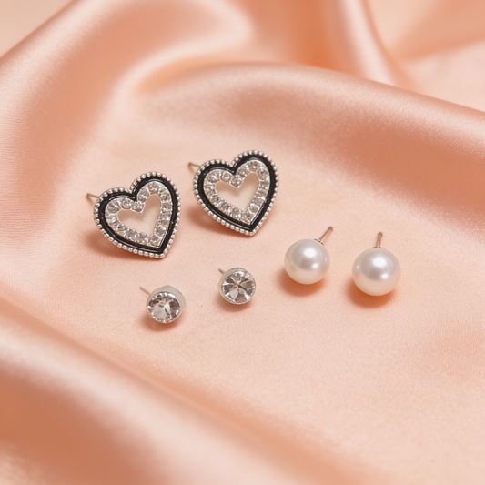 Silver Heart, Crystal & Pearl Stud Earrings Set
