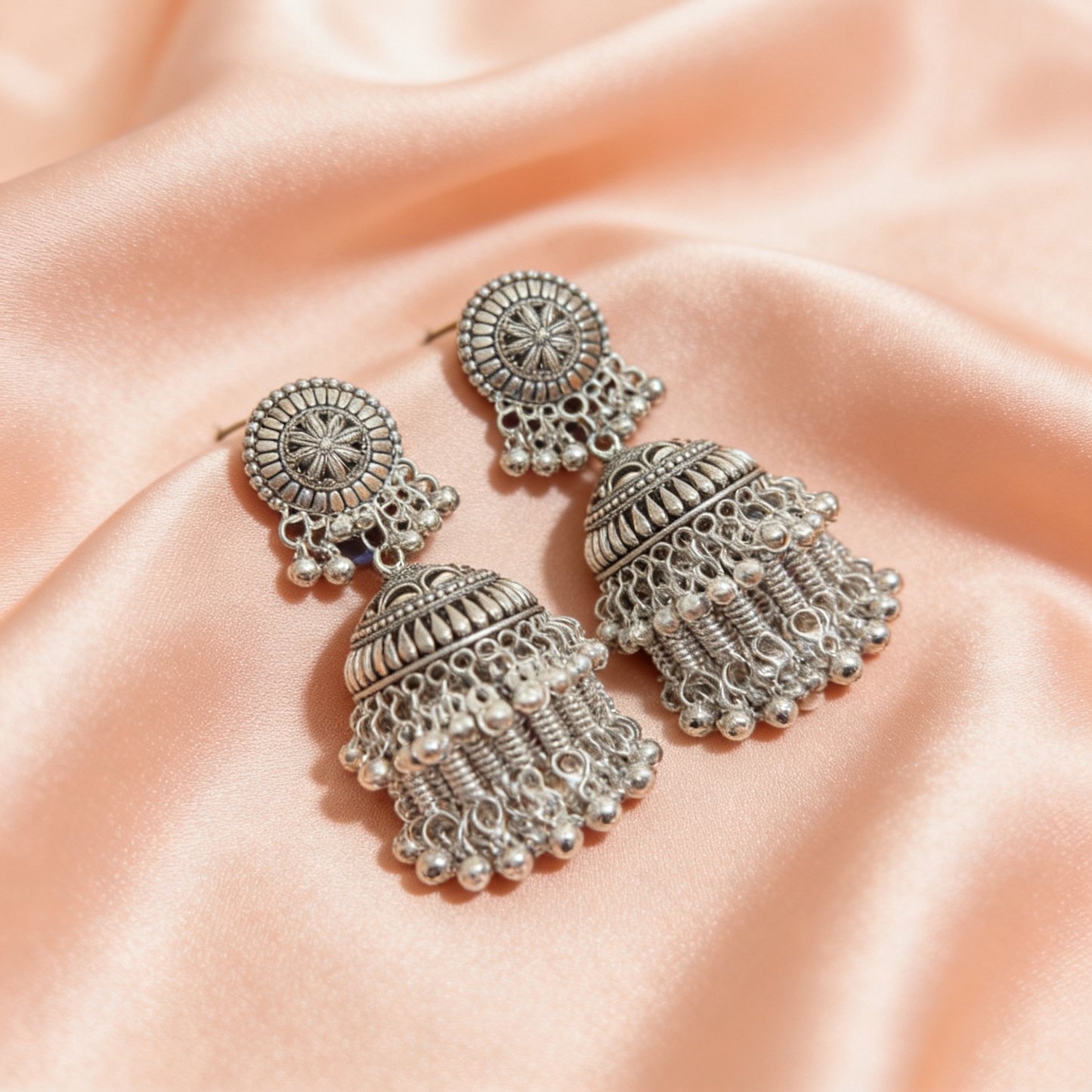 Circle Lobe Long Hanging Oxidised Jhumka Earrings