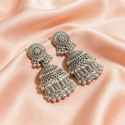 Circle Lobe Long Hanging Oxidised Jhumka Earrings