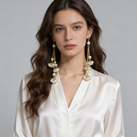 Golden Pearl Tassel Drop Earrings