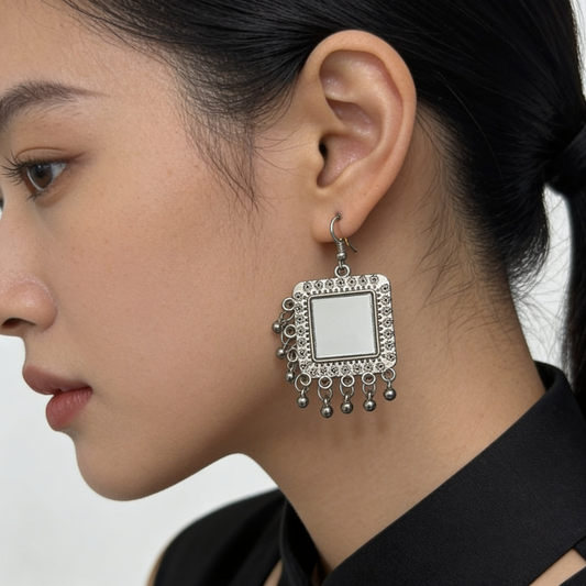 Oxidised Silver Square Mirror Drop Earrings