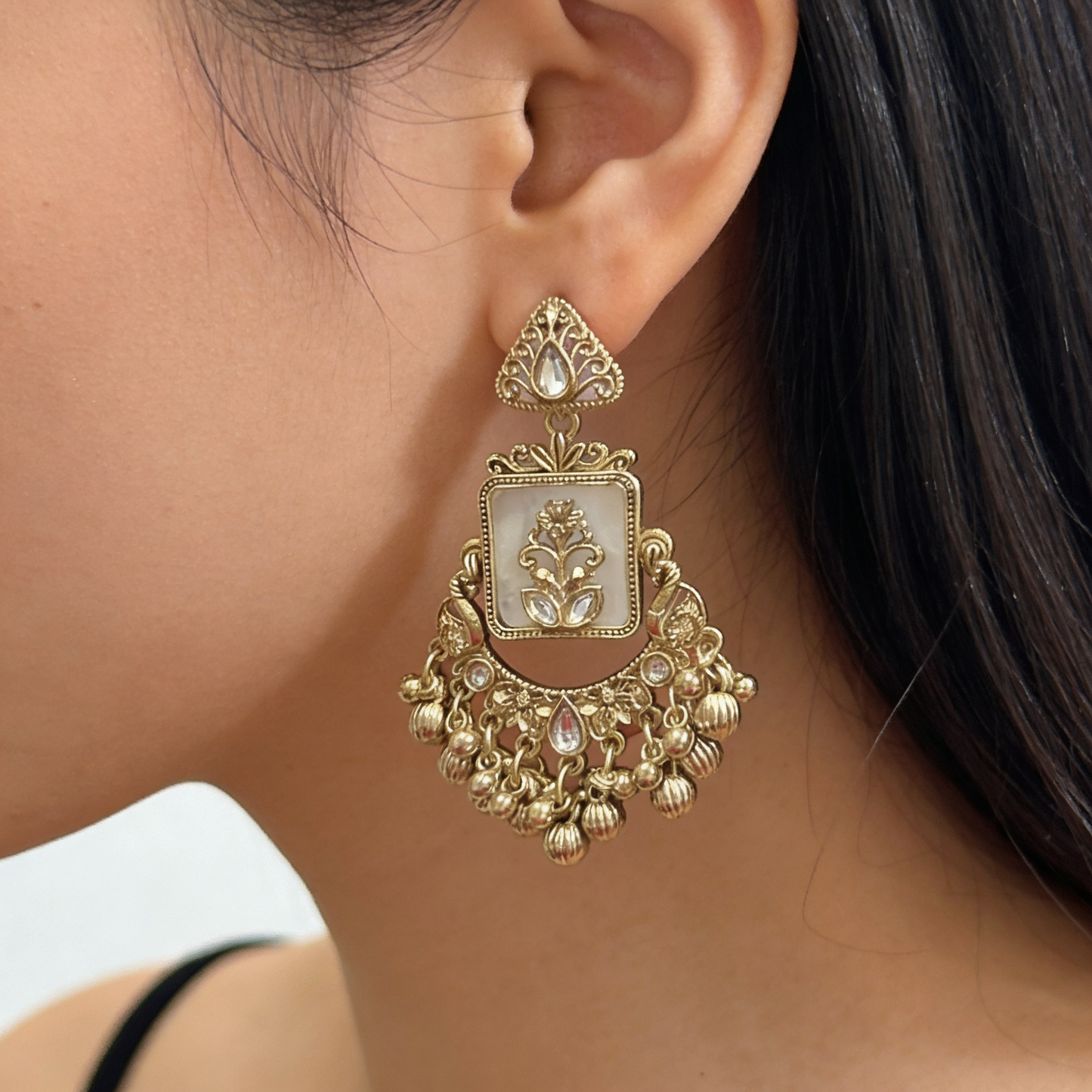 Gold Mirror Work Chandbali Earrings