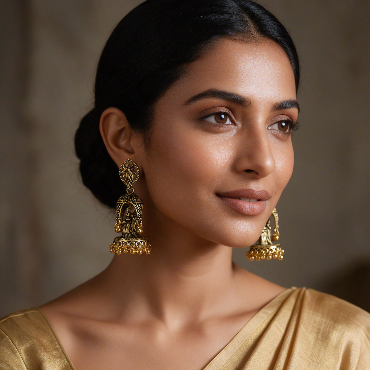 Antique Gold Radha Krishna Jhumka Earrings For Women
