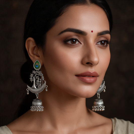 Oxidised Silver Peacock Design Jhumka Earrings With Ghungroo For Women