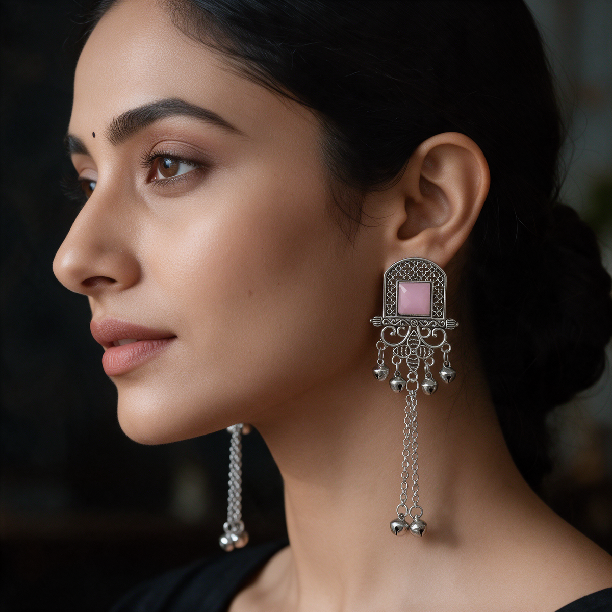 Oxidised Silver Turquoise Blue Stone Dangler Earrings For Women