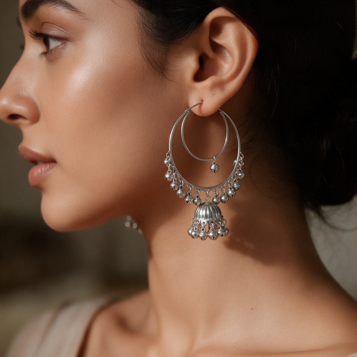 Oxidised Silver Hoop Jhumka Earrings with Bell Charms