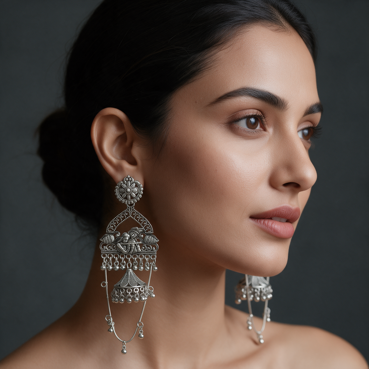 Oxidised Silver Krishna Peacock Jhumka Earrings
