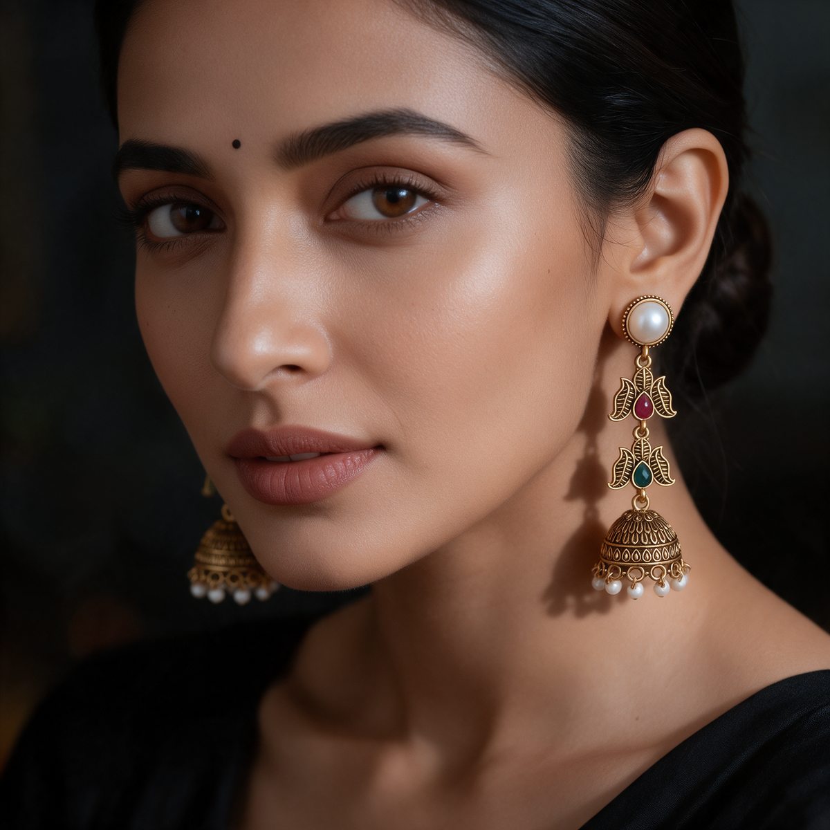 Antique Gold Pearl Stone Jhumka Earrings For Women