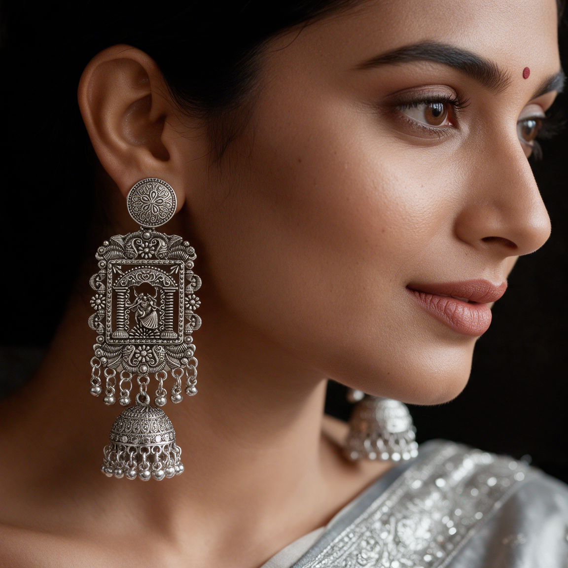 Antique Oxidised Silver Radha Krishna Temple Jhumka Earrings