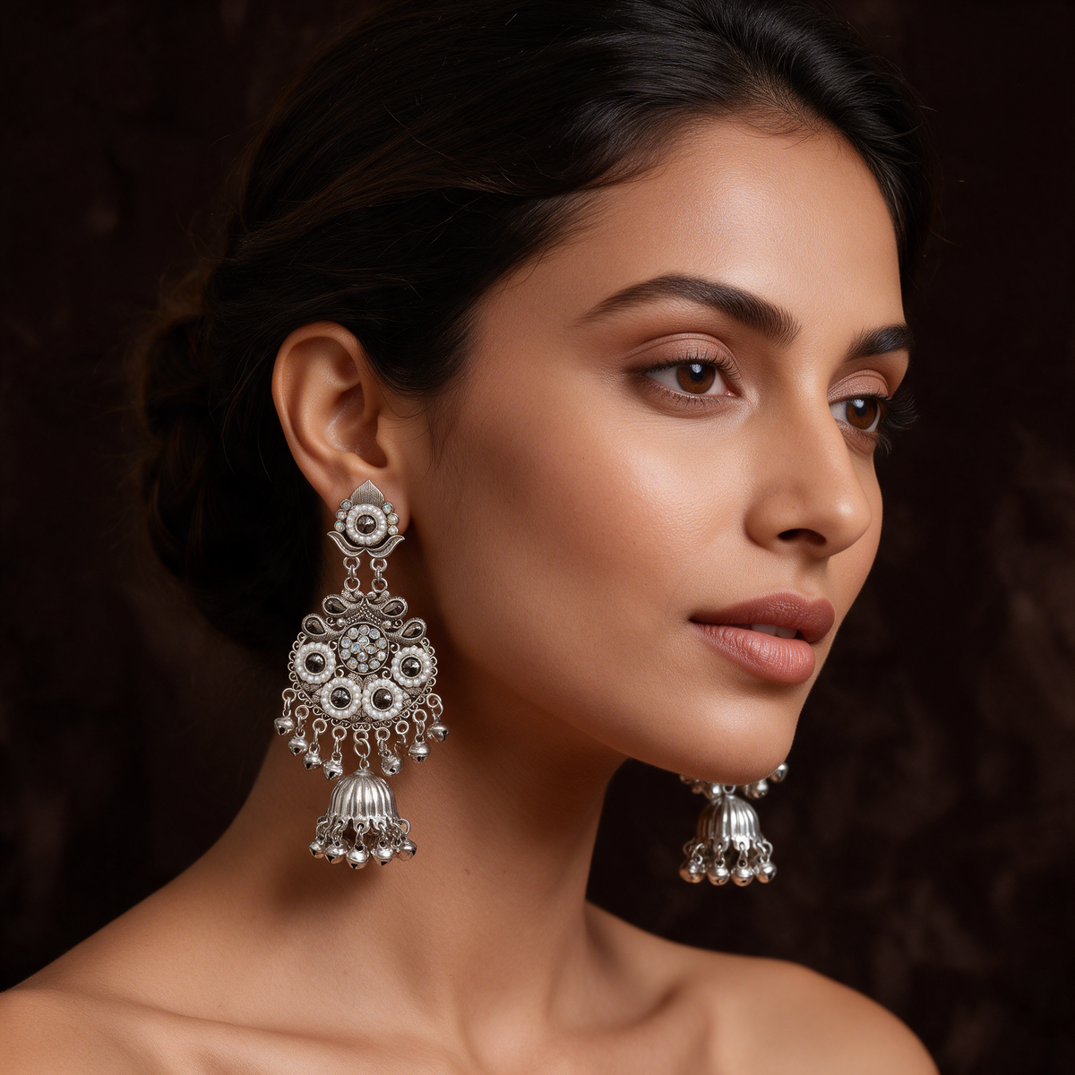 Oxidised Silver Pearl Stone Jhumka Earrings