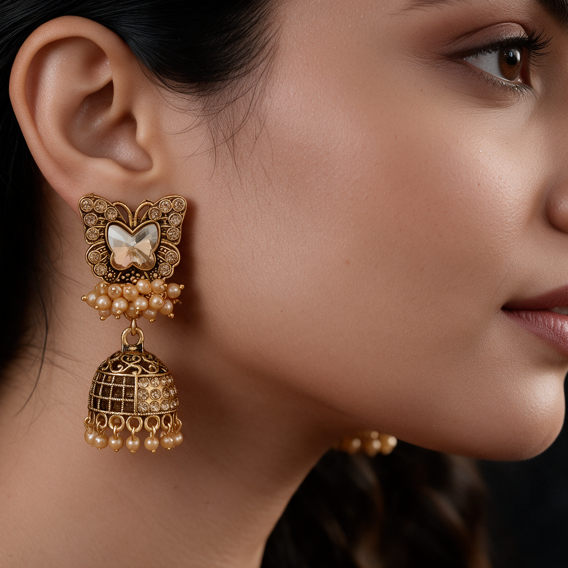Antique Gold Butterfly Jhumka Earrings with Pearl Drops