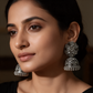 Oxidised Silver Designer Jhumka Earrings with Stone Detailing