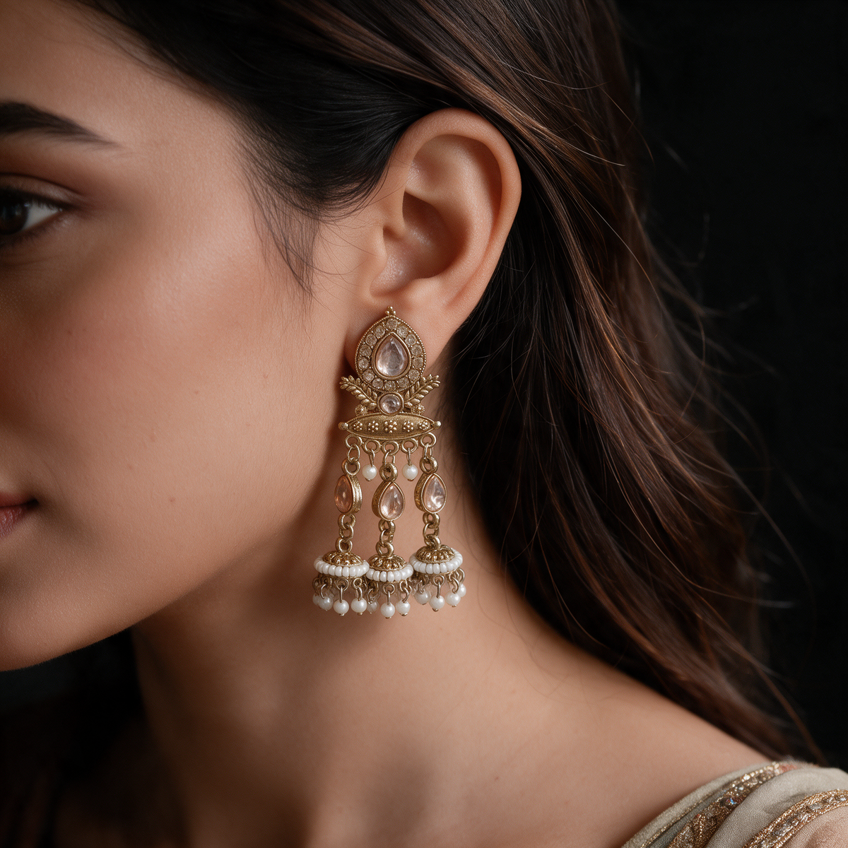 Antique Gold Pearl Drop Jhumka Earrings With Stone Details For Women