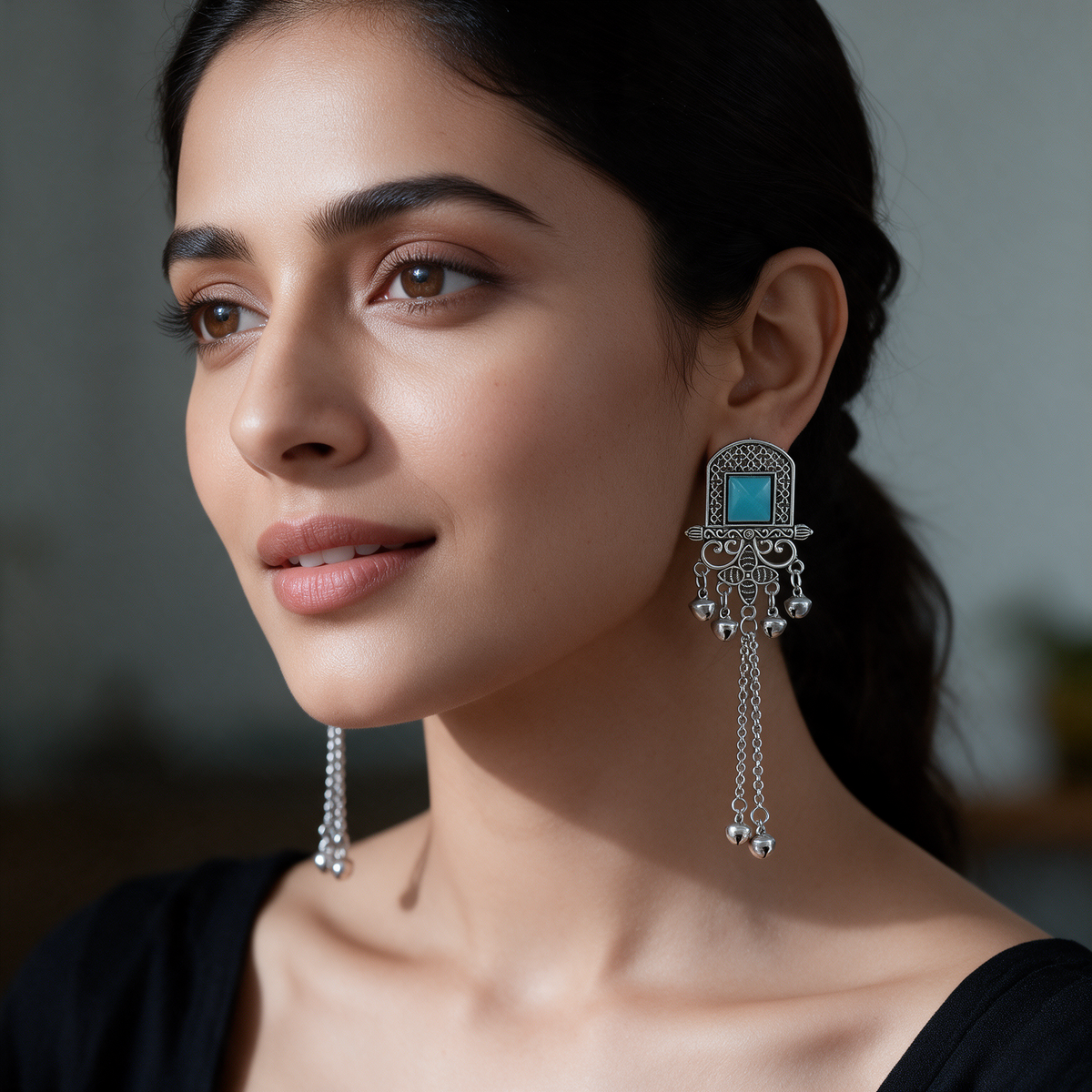 Oxidised Silver Turquoise Blue Stone Dangler Earrings For Women
