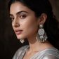 Oxidised Silver Floral Chandbali Earrings With White Stone Details For Women