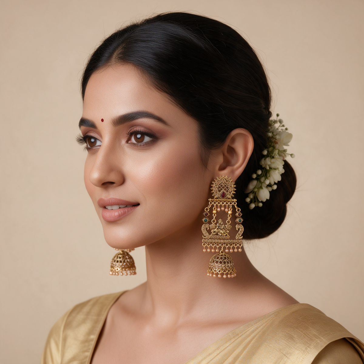 Antique Gold Lakshmi Temple Jhumka Earrings With Pearl Details For Women