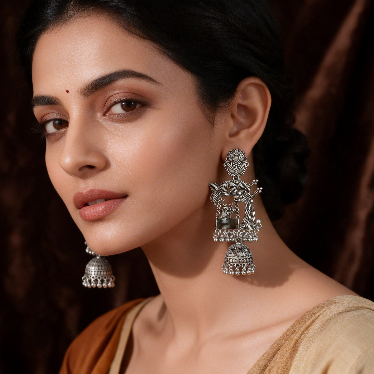 Oxidised Silver Tree Design Jhumka Earrings With Ghungroo For Women