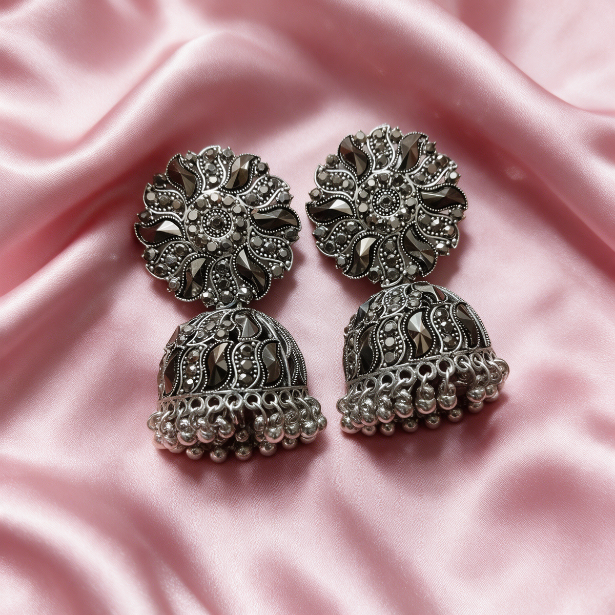 Oxidised Silver Designer Jhumka Earrings with Stone Detailing