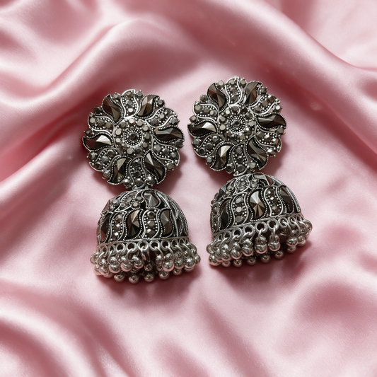 Oxidised Silver Designer Jhumka Earrings with Stone Detailing