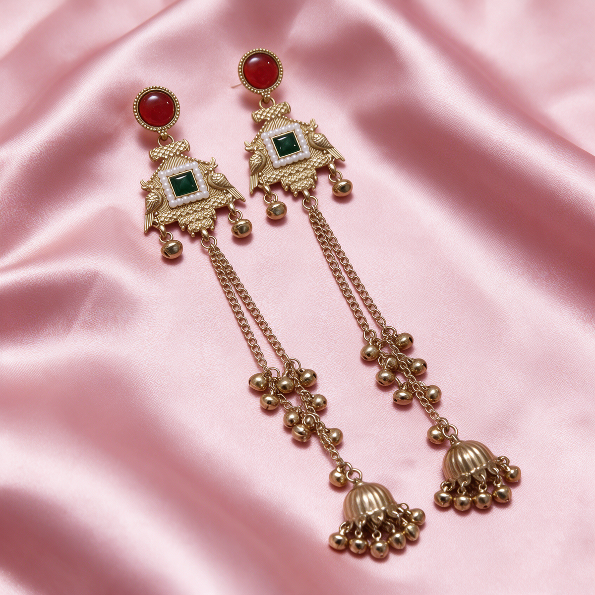 Gold Plated Green Stone Long Jhumka Earrings