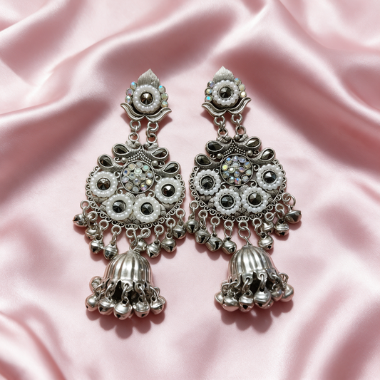Oxidised Silver Pearl Stone Jhumka Earrings