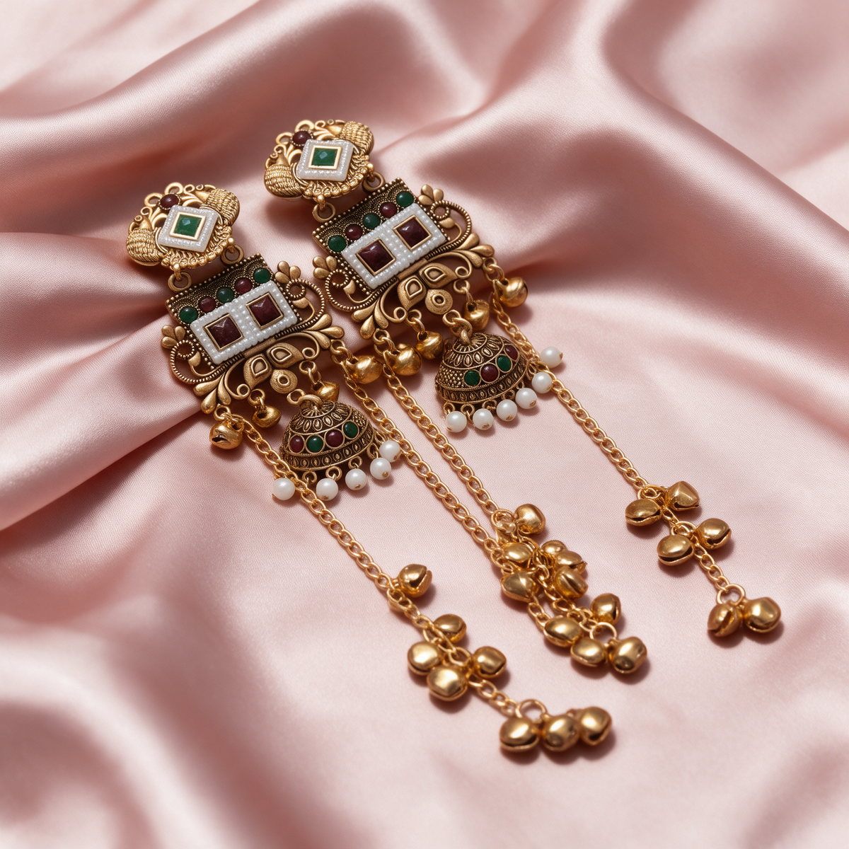 Antique Gold Plated Multicolor Stone Long Jhumka Earrings