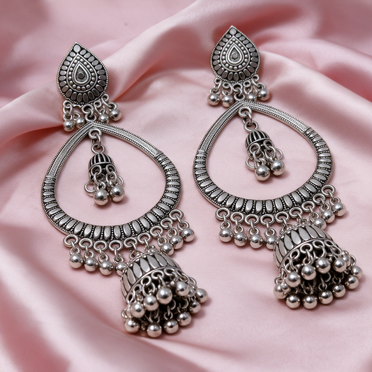 Antique Oxidised Silver Chandbali Jhumka Earrings