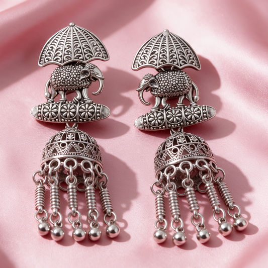 Antique Oxidised Silver Elephant Jhumka Earrings