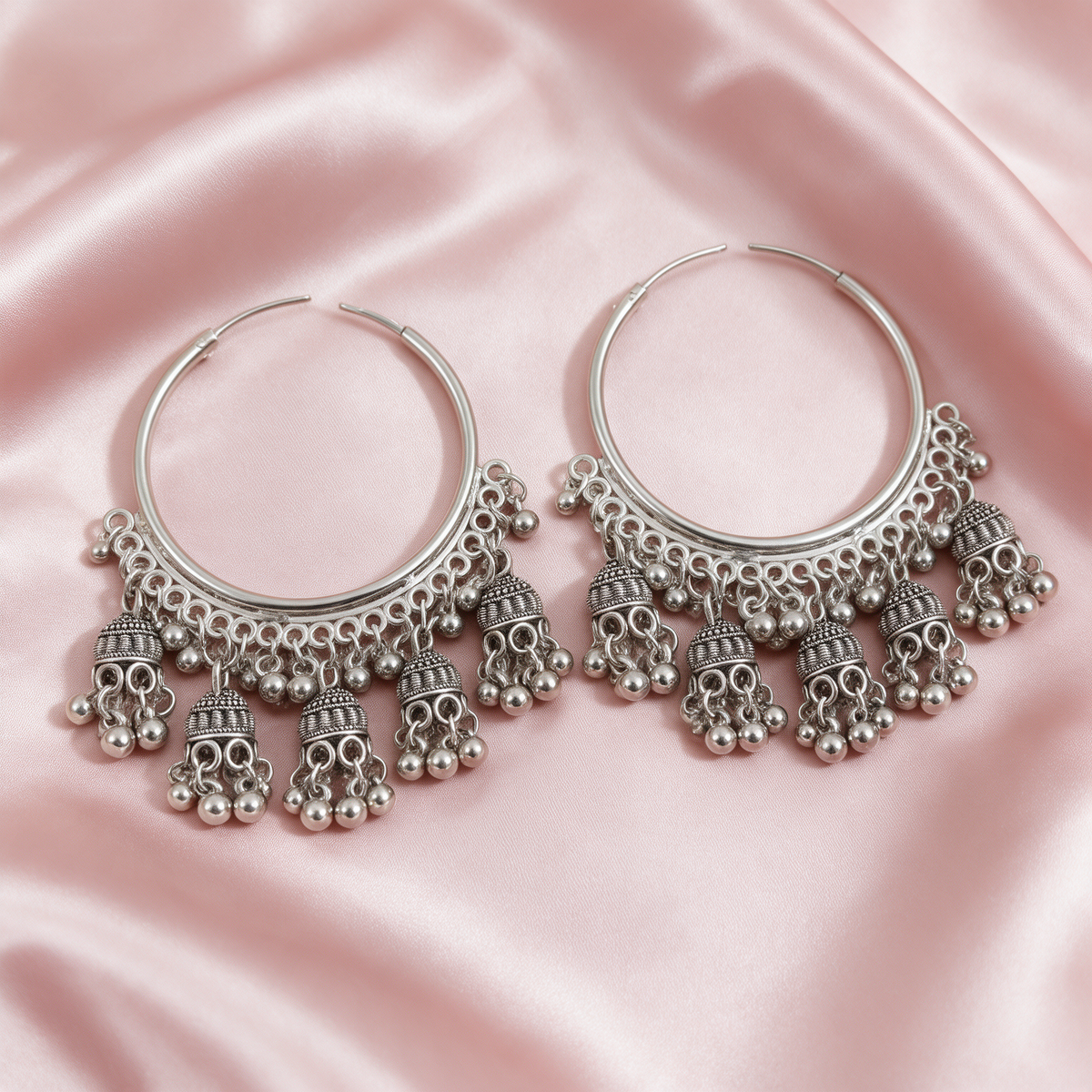 Oxidised Silver Jhumka Hoop Earrings With Ghungroo Details For Women