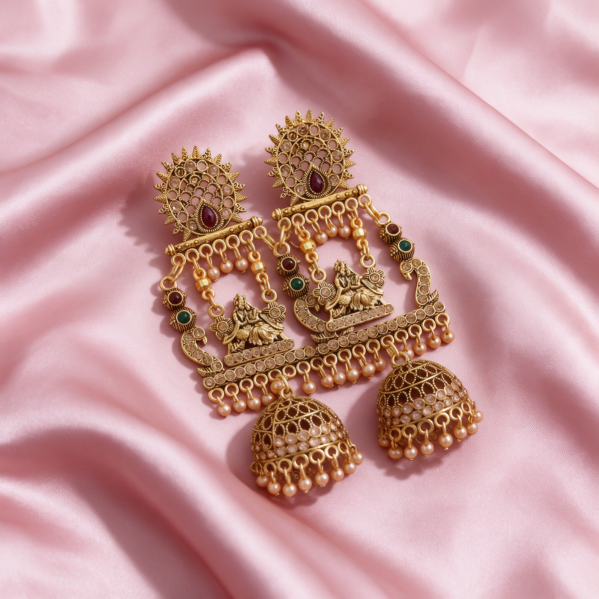 Antique Gold Lakshmi Temple Jhumka Earrings With Pearl Details For Women