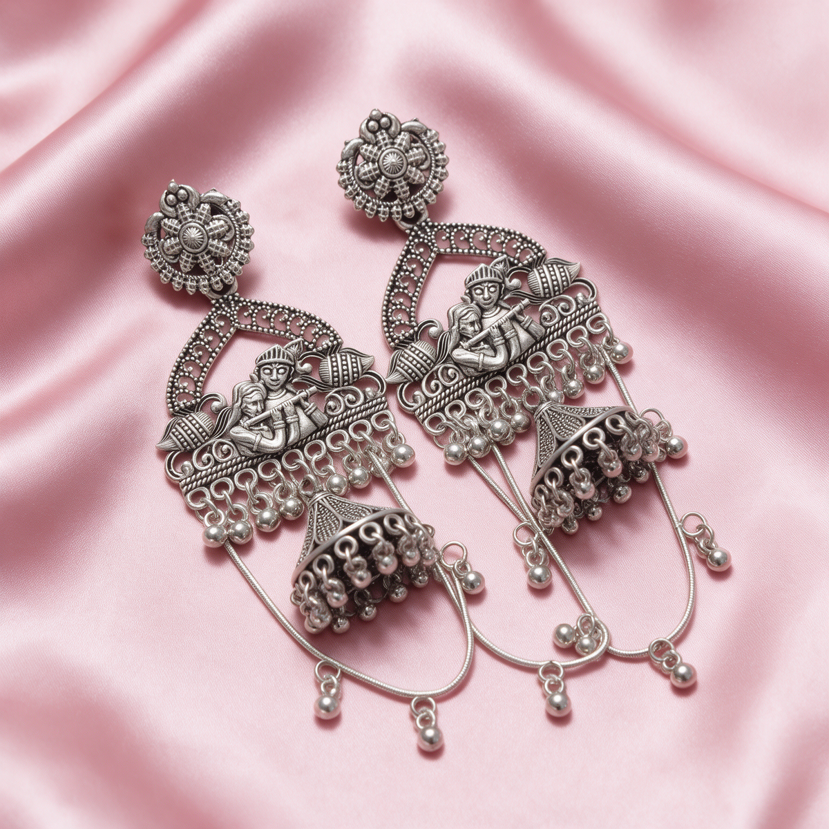 Oxidised Silver Krishna Peacock Jhumka Earrings