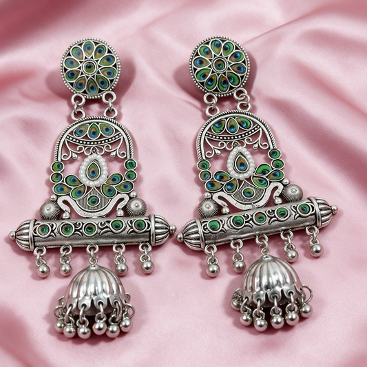 Antique Oxidised Silver Peacock Jhumka Earrings