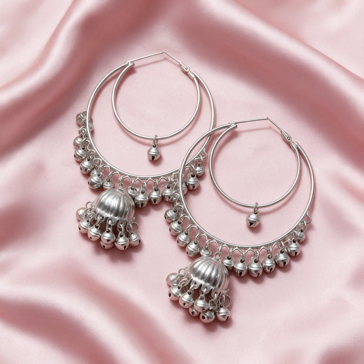 Oxidised Silver Hoop Jhumka Earrings with Bell Charms