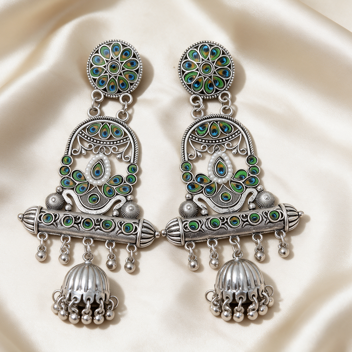 Antique Oxidised Silver Peacock Jhumka Earrings