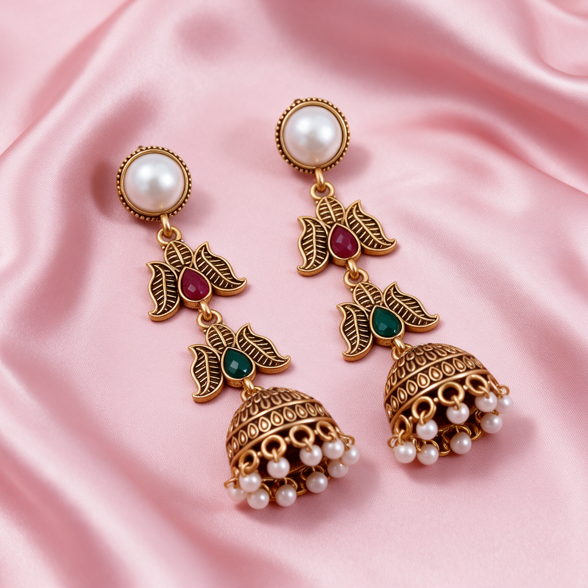 Antique Gold Pearl Stone Jhumka Earrings For Women