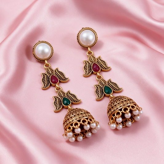 Antique Gold Pearl Stone Jhumka Earrings For Women