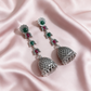 Oxidised Silver Green Pink Stone Jhumka Earrings For Women