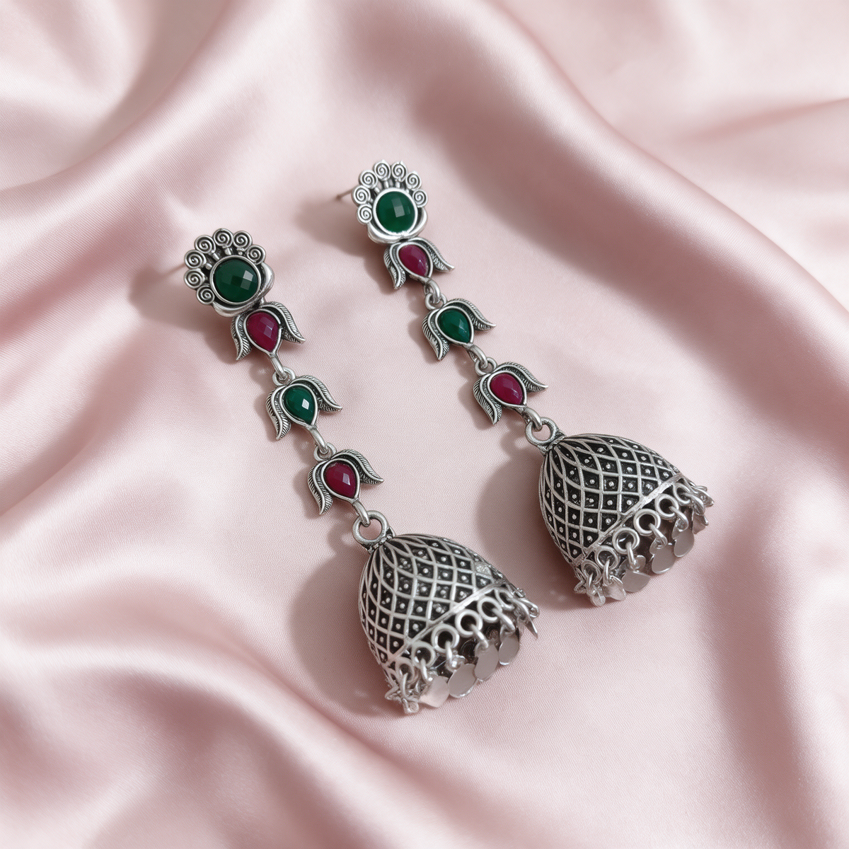 Oxidised Silver Green Pink Stone Jhumka Earrings For Women