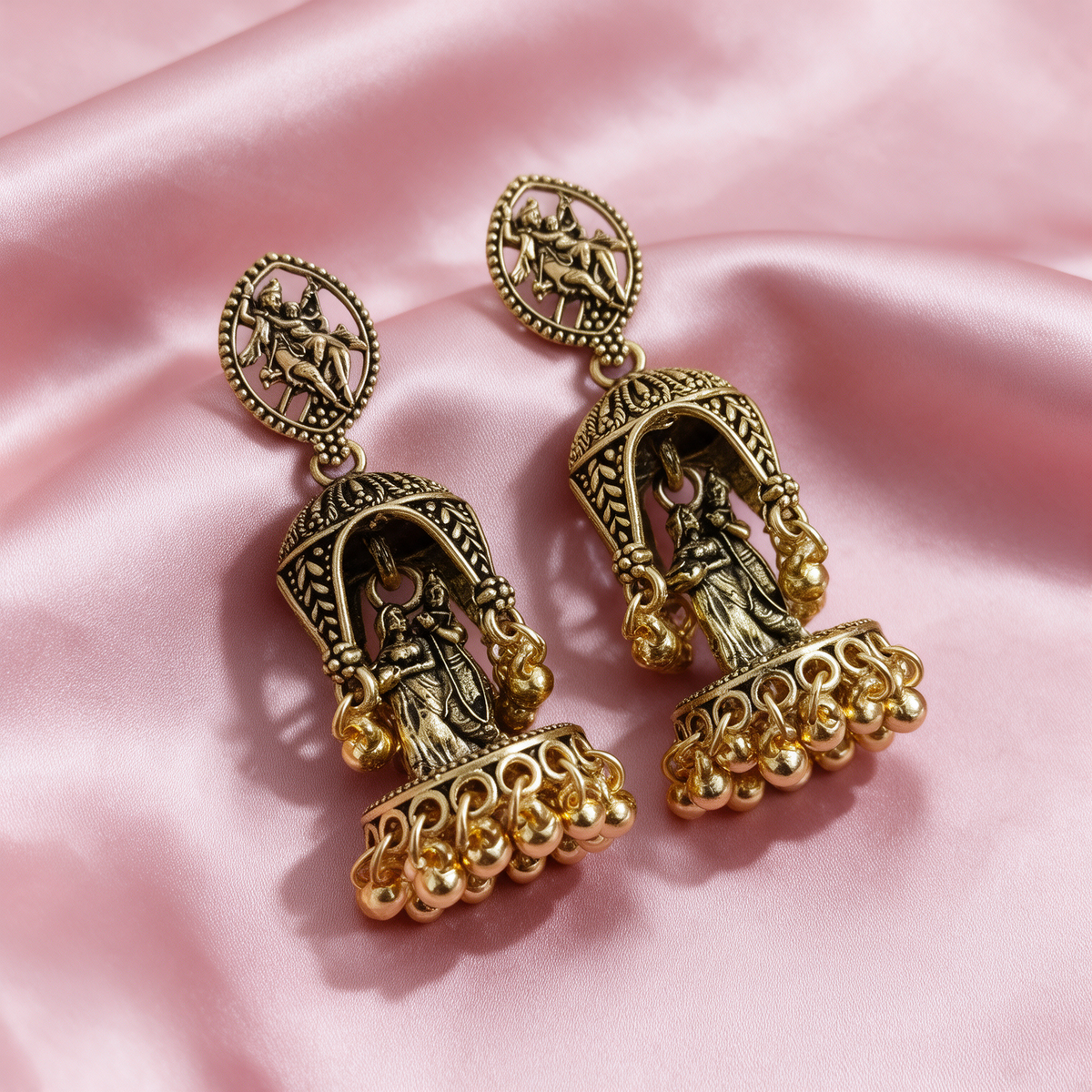 Antique Gold Radha Krishna Jhumka Earrings For Women