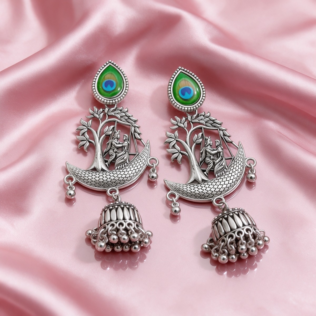 Oxidised Silver Peacock Design Jhumka Earrings With Ghungroo For Women