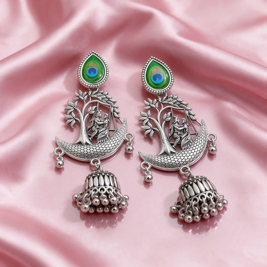 Oxidised Silver Peacock Design Jhumka Earrings With Ghungroo For Women