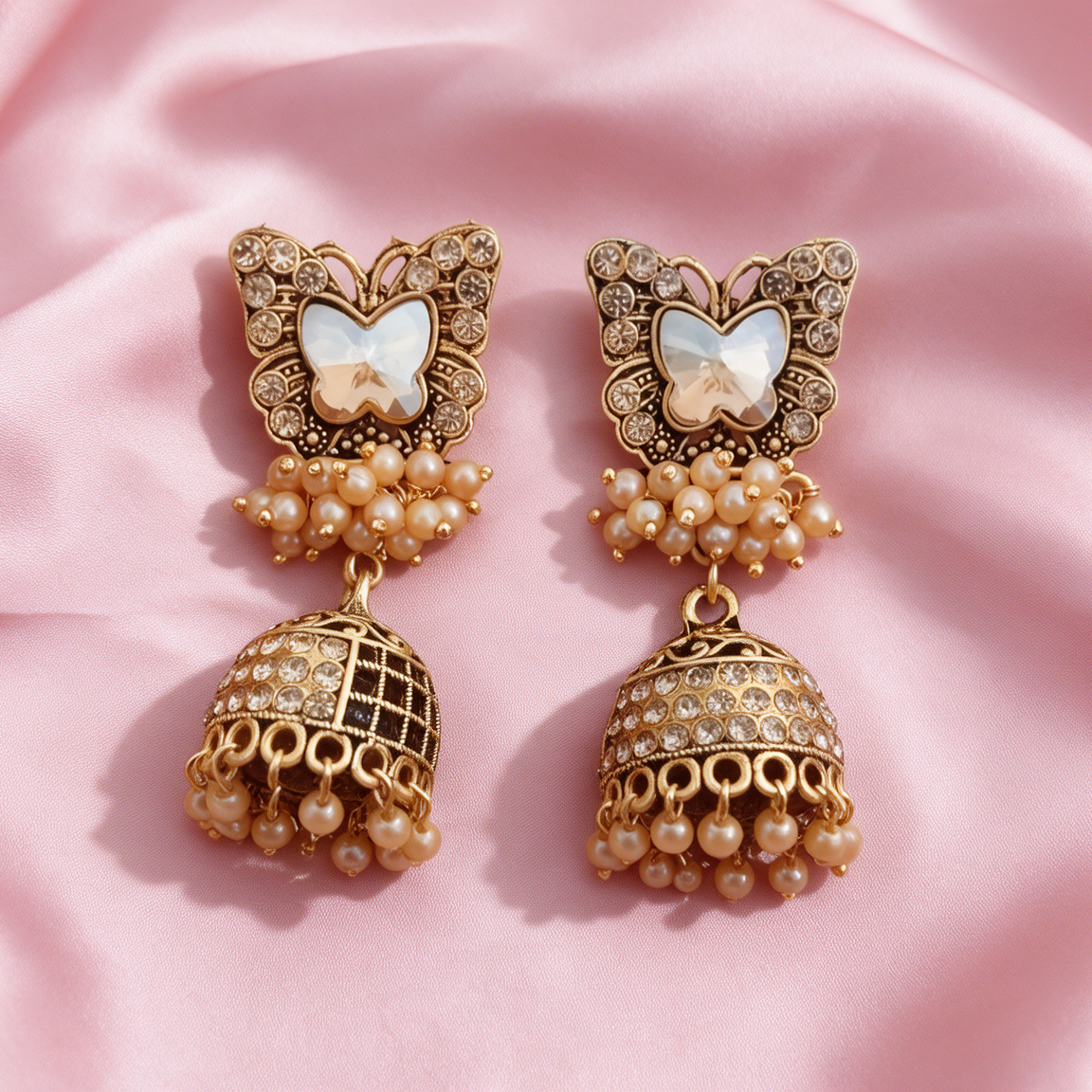 Antique Gold Butterfly Jhumka Earrings with Pearl Drops