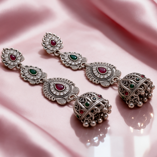 Antique Oxidised Silver Ruby Green Stone Jhumka Earrings