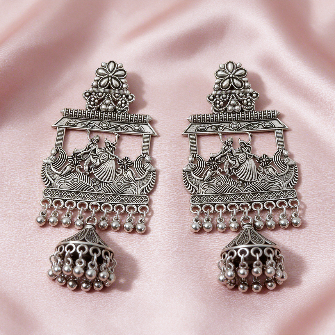 Antique Silver Radha Krishna Jhumka Earrings