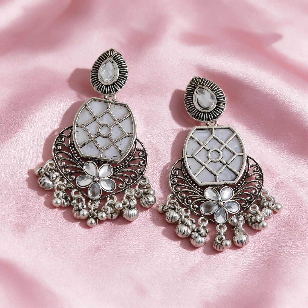 Oxidised Silver Floral Chandbali Earrings With White Stone Details For Women