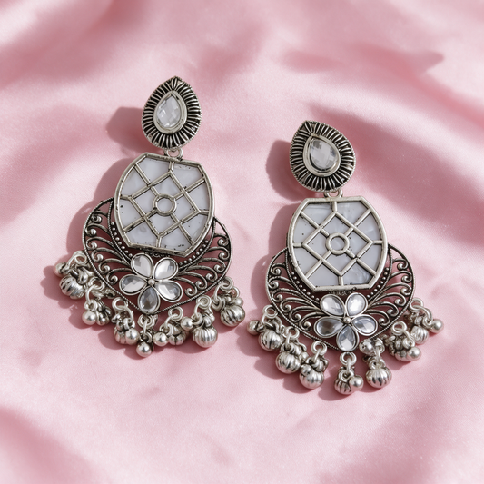 Oxidised Silver Floral Chandbali Earrings With White Stone Details For Women