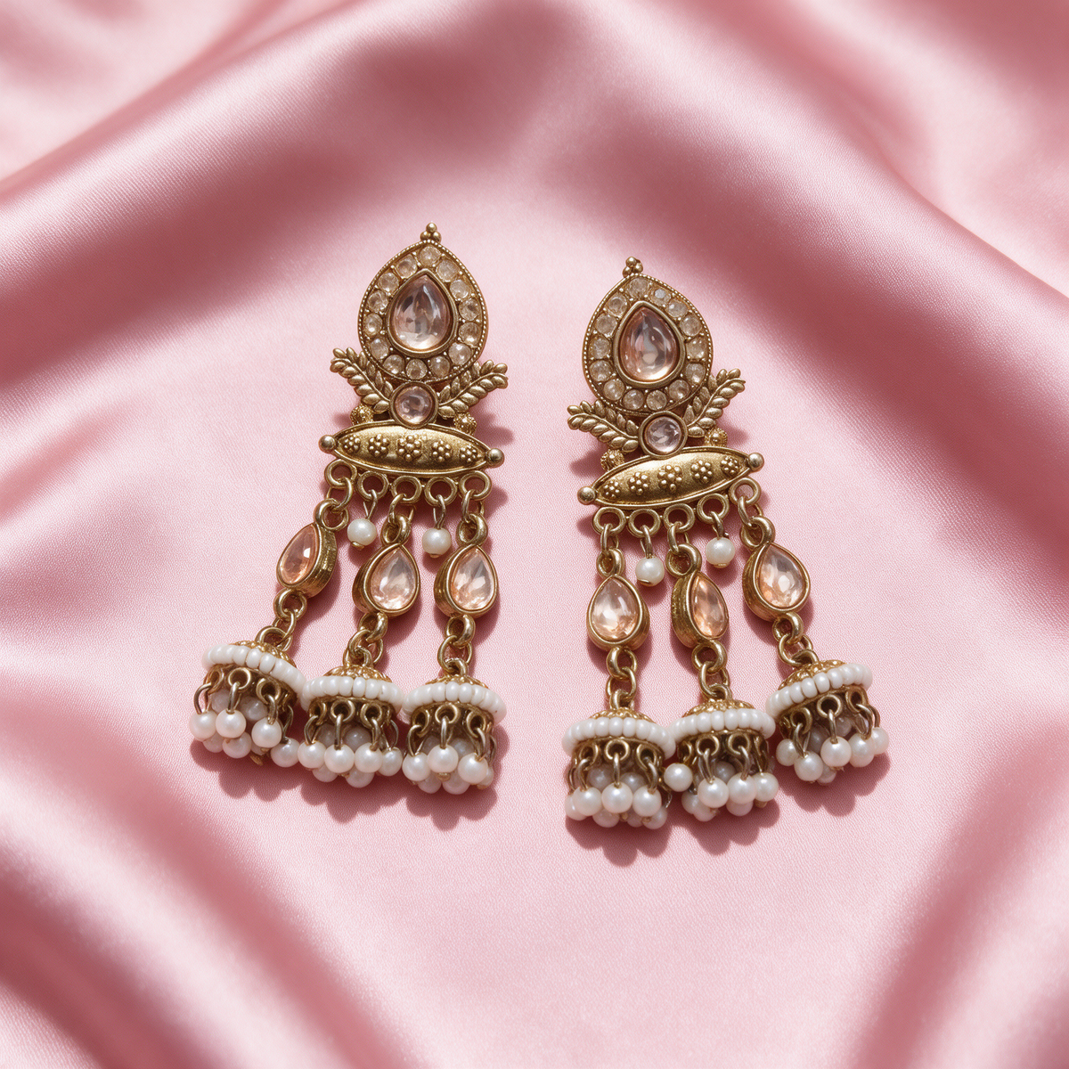 Antique Gold Pearl Drop Jhumka Earrings With Stone Details For Women