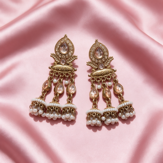 Antique Gold Pearl Drop Jhumka Earrings With Stone Details For Women