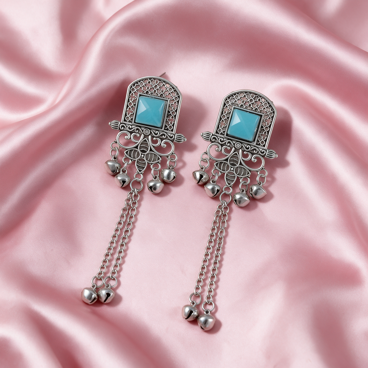 Oxidised Silver Turquoise Blue Stone Dangler Earrings For Women