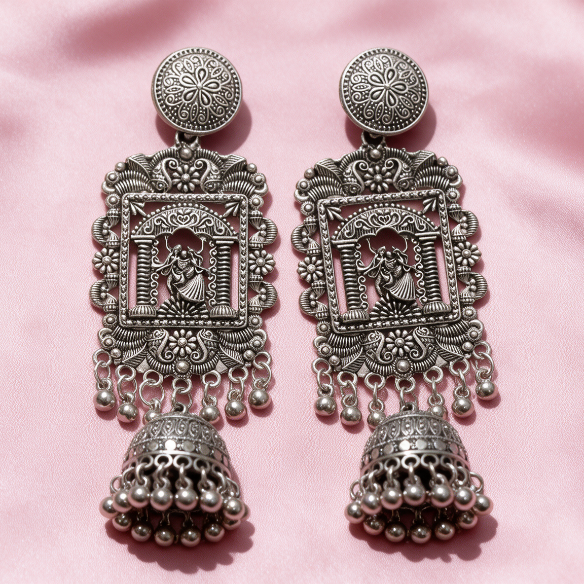Antique Oxidised Silver Radha Krishna Temple Jhumka Earrings